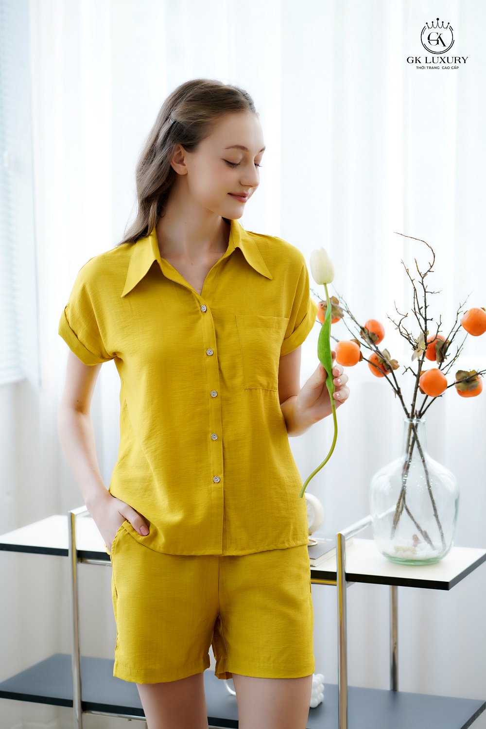 Đồ ngủ mặc nhà, Đồ bộ cộc tay quần đùi chất liệu linen GK100